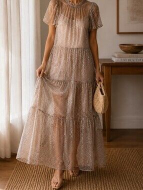 Anthropologie Sheer Polka-Dot Tiered Maxi Dress in Beige